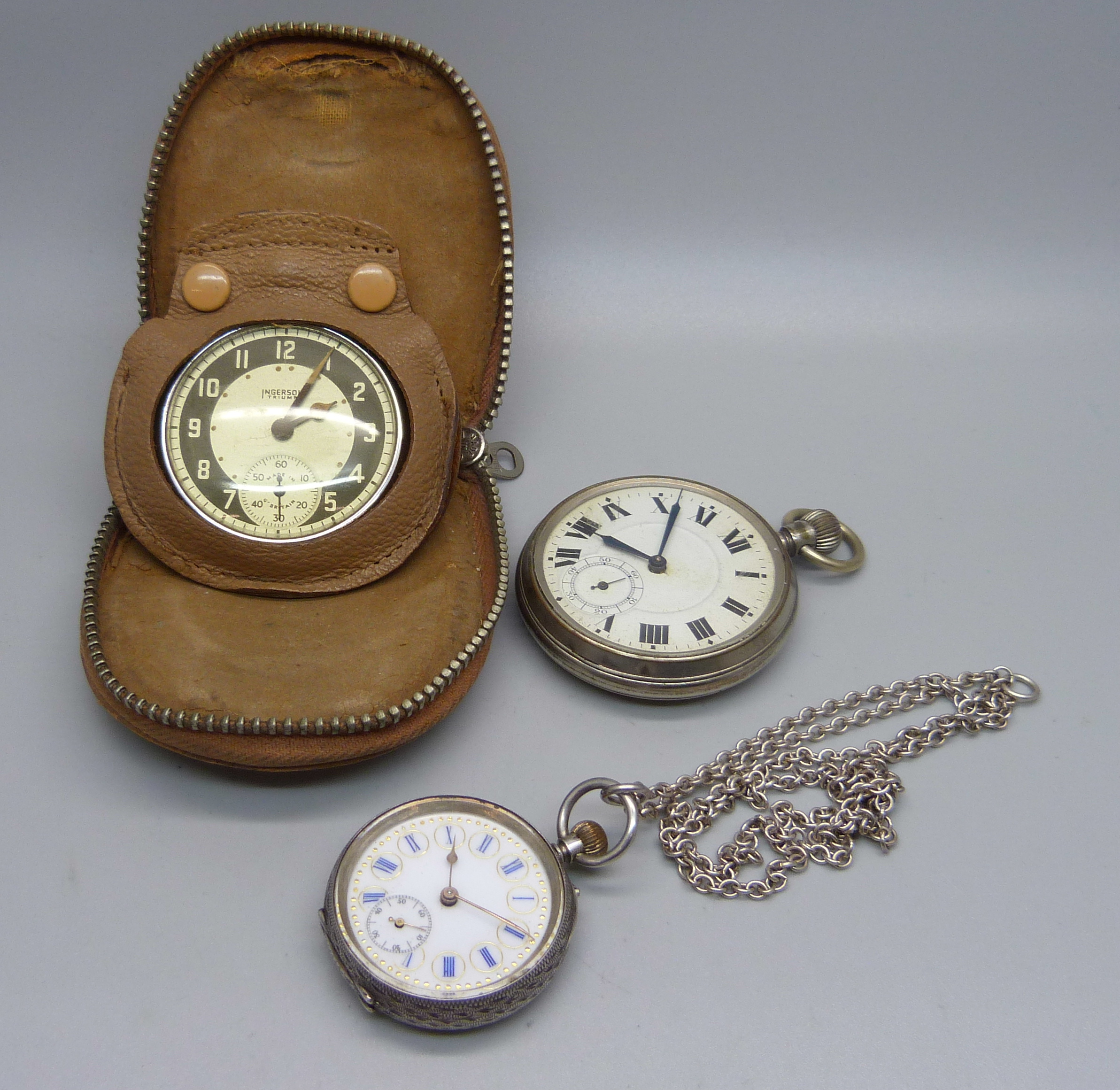 A silver fob watch, chain and two other pocket watches