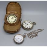 A silver fob watch, chain and two other pocket watches