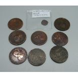 A Charles I quarter farthing, George III pennies and three trade tokens