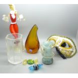 Three Murano glass vases, Cenedese and Seguso Factories, a 1950's Venetian glass figure and a