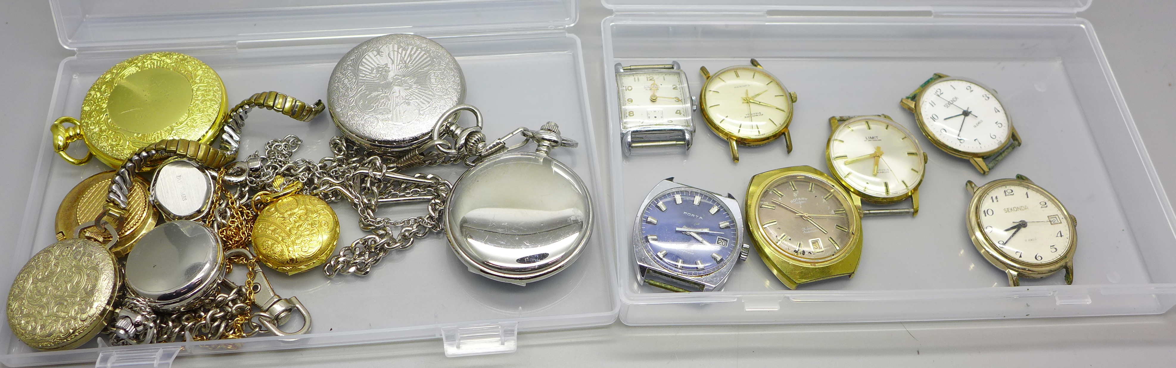 A collection of wristwatch heads including Sekonda and Hermes and pocket watches