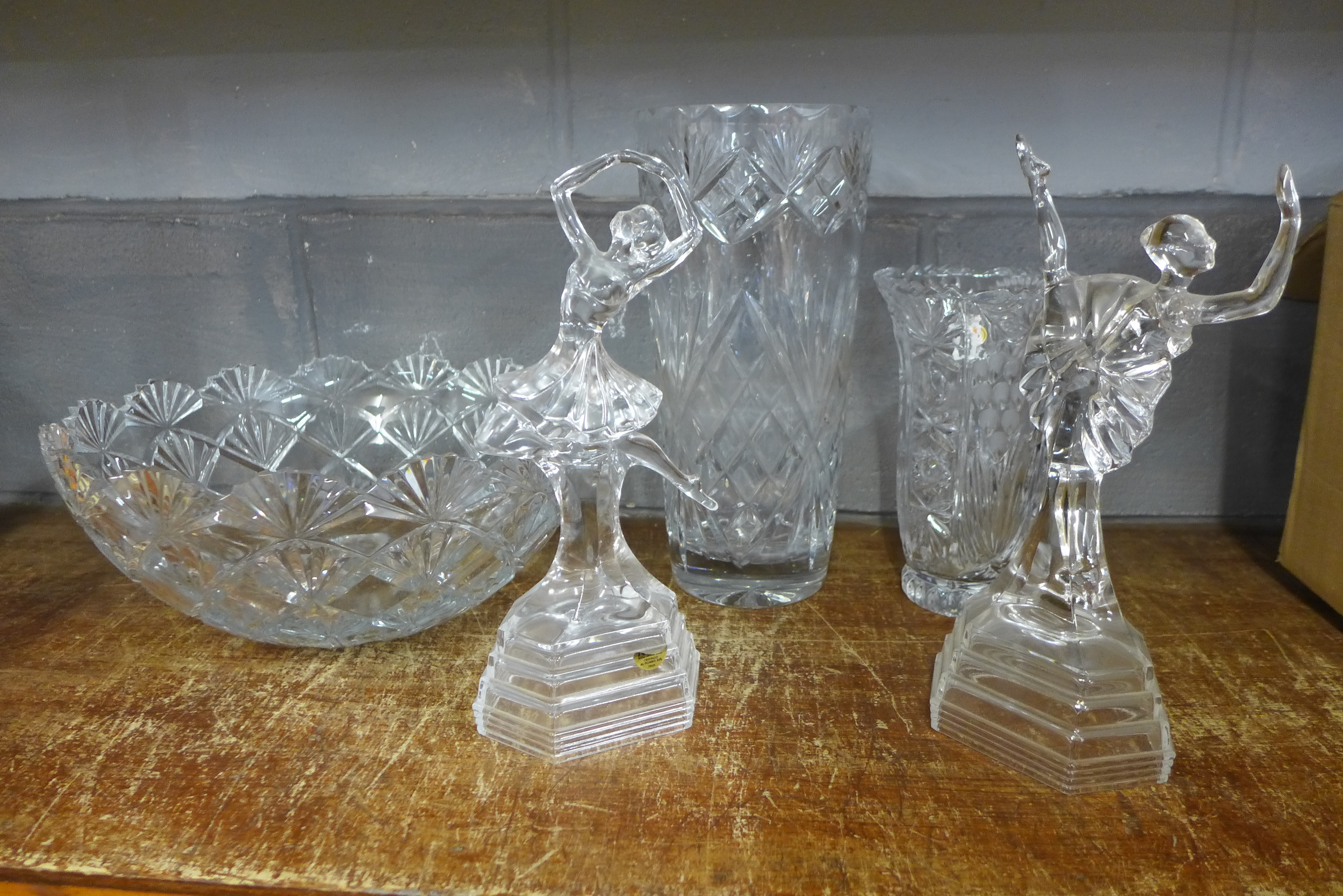 A large crystal fruit bowl, vases and a pair of glass dancing ladies **PLEASE NOTE THIS LOT IS NOT