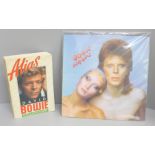 A David Bowie book, two LP records; Bowie Pin Ups and The Best of Bowie