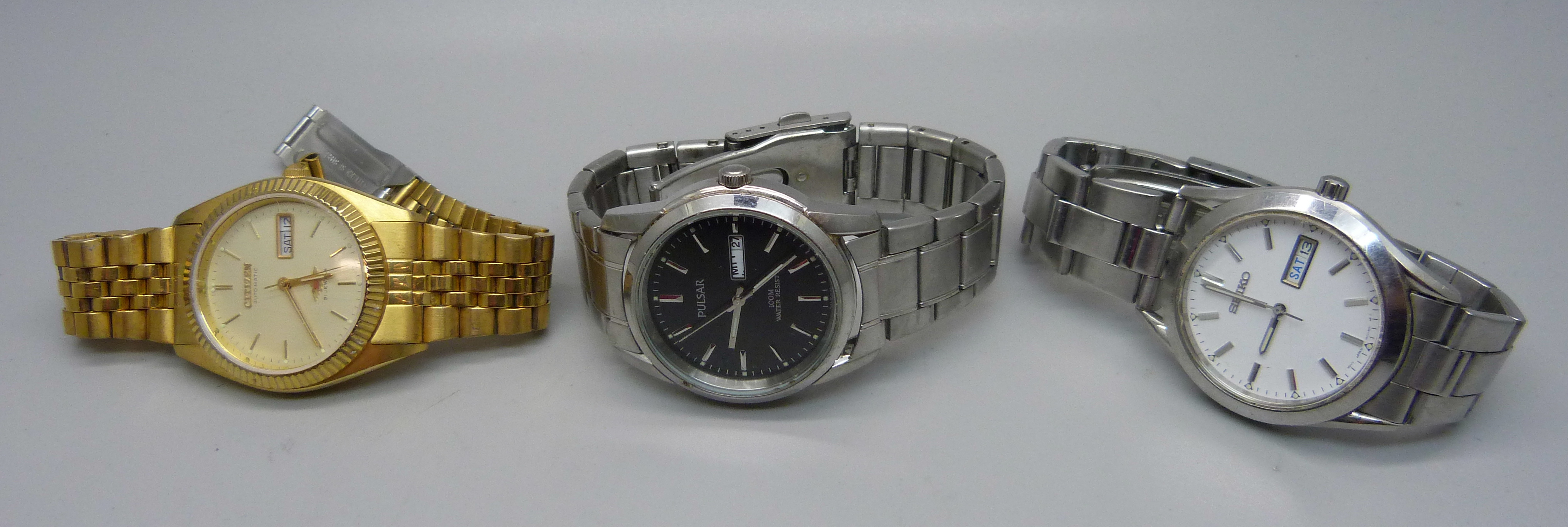 Three wristwatches, Citizen automatic, Pulsar 100m diver's watch and Seiko