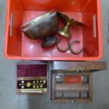 A cased Sikes Hydrometer, an inlaid jewellery box, wooden bowl, brass comport and two slave