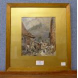 Isabella Hatley, landscape with figures in an Alpine town, watercolour, framed