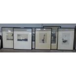 Six signed etchings; two Jackson Simpson, The Dinghy and A Light Load, W. Renison, a continental