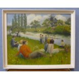 E.S., landscape with rowers on a river with onlookers, oil on board, dated '62, framed