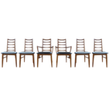 A set of six Danish Koefoeds Mobelfabrik teak and black vinyl Lis chairs, designed Niels Koefoed