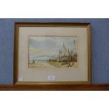 E. Duncan, coastal landscape with fishermen and their day's catch, watercolour, framed