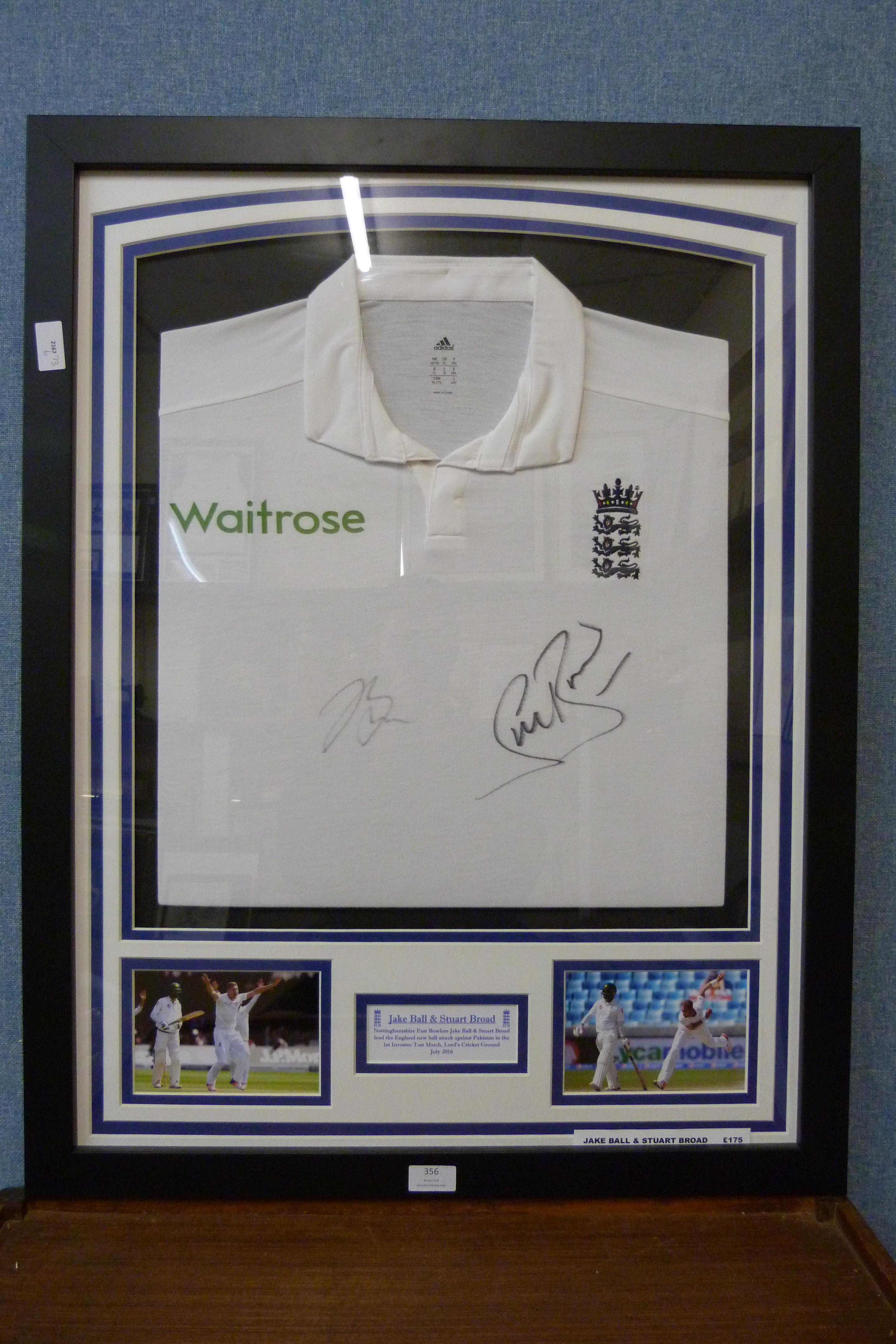 A framed autograph display, England Waitrose Sponsored cricket shirt, Stuart Broad and Jake Bell