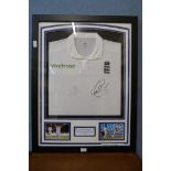 A framed autograph display, England Waitrose Sponsored cricket shirt, Stuart Broad and Jake Bell