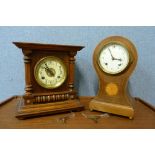 An Edward VII inlaid mahogany balloon mantel clock and a walnut mantel clock, a/f