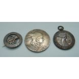 A French white metal medallion, a Woman's Own Cookery medal and a silver wound badge