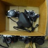 Five 35mm film cameras, Praktica, Pentax, Olympus