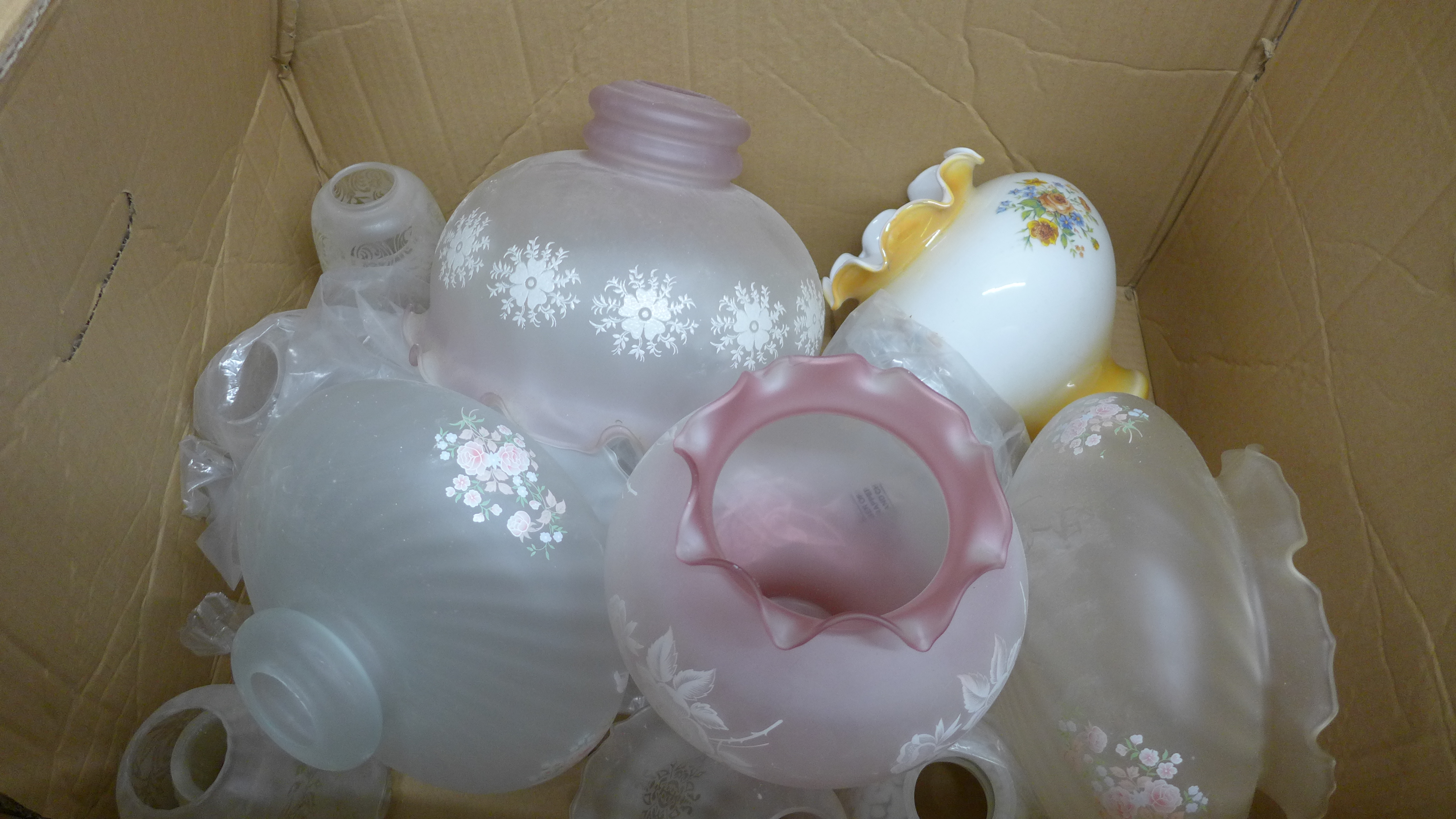 A collection of glass light shades, ceiling and lamp **PLEASE NOTE THIS LOT IS NOT ELIGIBLE FOR