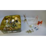 A tin of glass animals, whimsies, ceramic figures, etc.