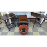 An oak barleytwist occasional table, a mahogany demi-lune table, a wooden planter, painted box, etc.
