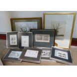 Assorted framed stamp designs, a David T. Growcock signed print and an E.T. Johnson artists proof