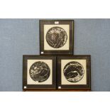 Mas, set of three woodblock prints, framed