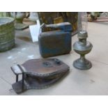 An Eversure petrol can, set of bellows and an oil lamp base