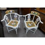 A pair of Chinese cream and gold lacquered chinoiserie corner chairs