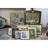 Assorted tapestries, a fire screen, prints, etc.