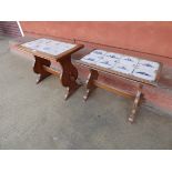 Two oak coffee tables, inset with Delft blue and white tin glazed tiles