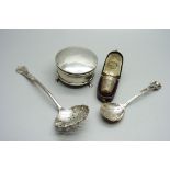 A silver trinket box, a silver sifter spoon, one other spoon and a thimble with case