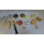 Fourteen compacts, purse mirrors and cigarette case