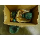 Two carved mineral sample dishesincluding malachite example, three carved malachite eggs, etc.