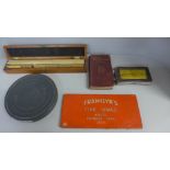 A Wartime film reel, boxed architect's rulers, etc.