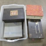 Two metal deed boxes, Lloyd Loom style sewing basket, two leather satchels/document holders and