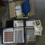 Stamps:- box of GB stamps, covers, etc., noted file of full sheets, album of 1/2 stamps, coils,