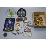 A silver and enamel RAF sweetheart badge, military buttons, badges, other cloth badges and dog