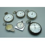 Two silver pocket watches, three others and a map marker, a/f