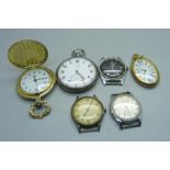 A Cyma military pocket watch, a/f, three wristwatches and two fob watches