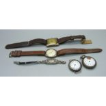 Five silver cased wristwatches including rectangular, cushion and trench