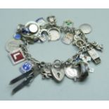A silver charm bracelet, including an 830 silver skis charm marked Norge, 55g