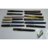 Thirteen fountain pens, some with gold nibs including two Parker Duofold and Slimfold Waterman's 513