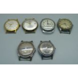 Six wristwatches, including Junghans with black dial and Oris, three lacking crowns