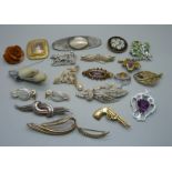 A collection of costume brooches, (amber coloured brooch and micro-mosaic brooch lacking pins)