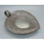 A Persian white metal heart shaped dish, 11.5cm x 14.5cm