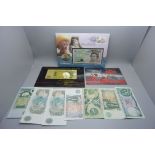 A Royal Mint The Queen Mother £5 coin and note cover, eight £1 notes and a New Zealand Post