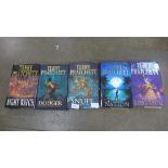 Five first edition novels by Terry Pratchett; Night Watch (2002), Going Postal (2004), Nation (