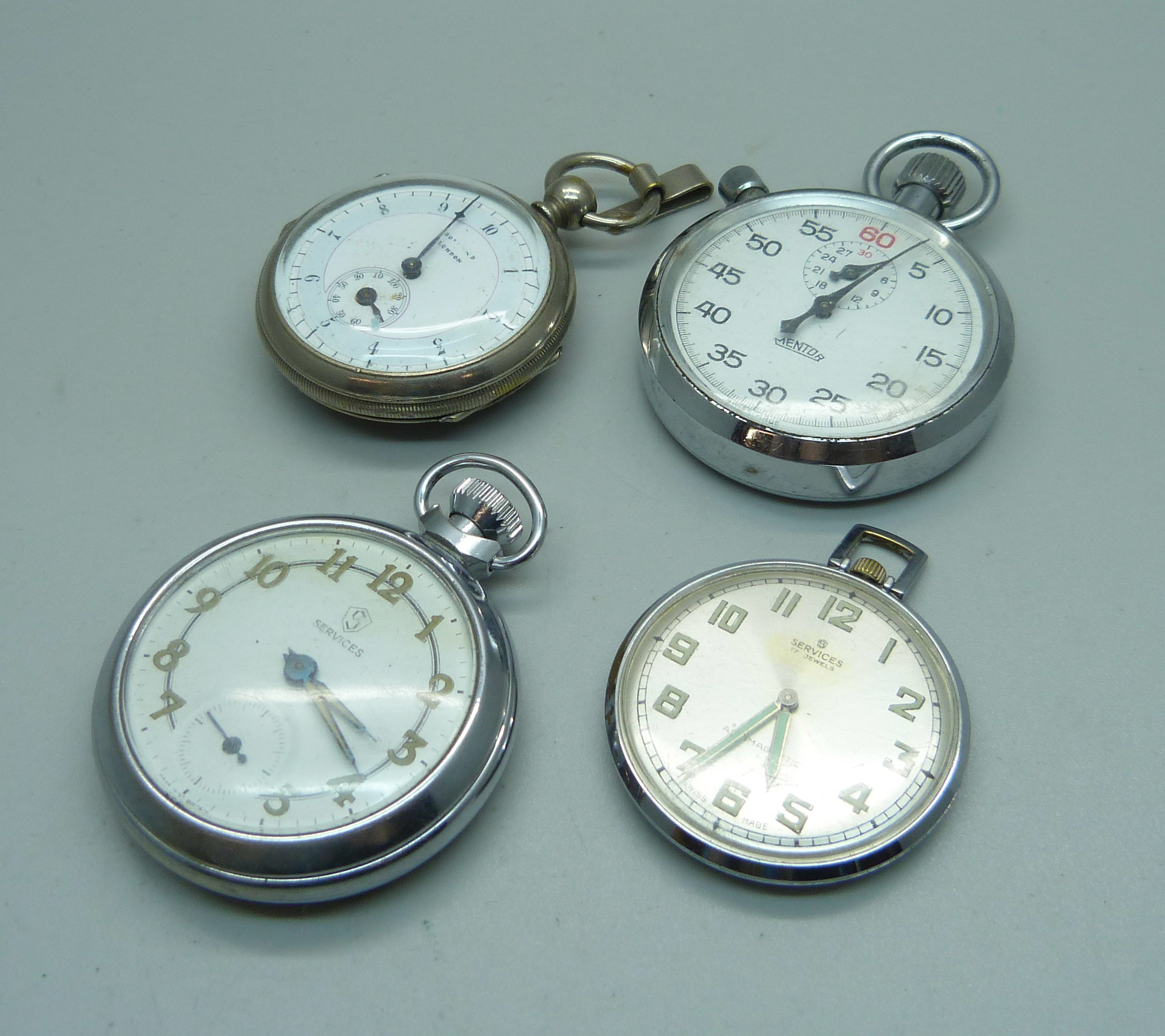 Two pocket watches, a stop watch and a pedometer