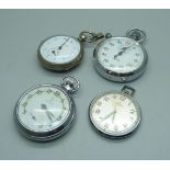 Two pocket watches, a stop watch and a pedometer