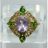 A silver gilt Rose de France amethyst and chrome diopside ring, P