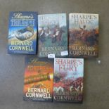 Five first edition novels by Bernard Cornwell; Sharpe's Triumph (1998), Sharpe's Fortress (1999),