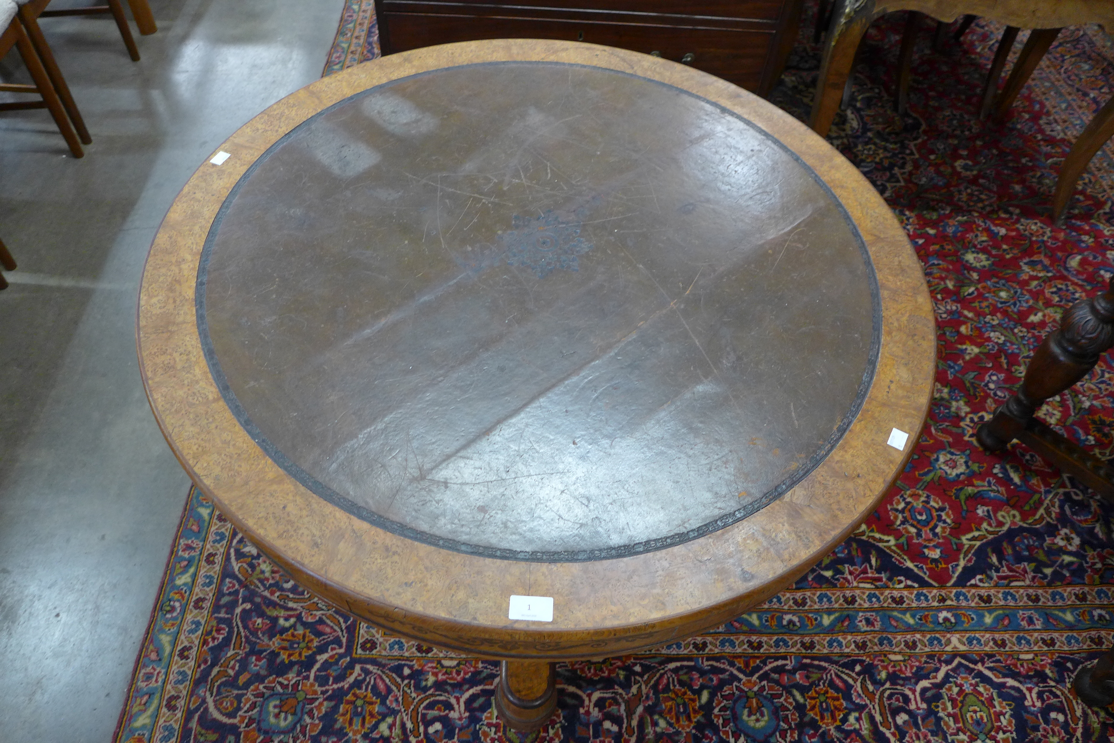 A Regency birds eye maple and leather topped drum shaped library table, manner of George Bullock - Image 3 of 4